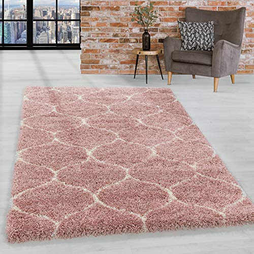 HomebyHome Teppich Wohnzimmer Modernem Kachelmuster Shaggy Rosa 120x170 cm - Hochflor Teppich Schlafzimmer Skandinavisches Design Extra Weich - Langflor Teppich Flauschig Waschbarer Teppich Küche von HomebyHome