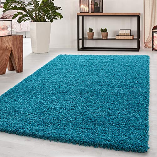 HomebyHome Teppich Wohnzimmer Shaggy 50 mm Florhöhe Türkis 60x110 cm - Hochflor Teppich Schlafzimmer Einfarbig Design Extra Weich und Flauschig - Läufer Flur Langflor Teppich für Küche Gästezimmer von HomebyHome