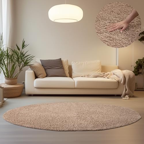 HomebyHome Teppich Rund Hochflor 200 cm Rund - Shaggy Runder Teppich Wohnzimmer Beige Extra Weich und Flauschig - Waschbarer Langflor Teppiche für Schlafzimmer, Küche, Flur - Carpet, Halı, Kilim von HomebyHome