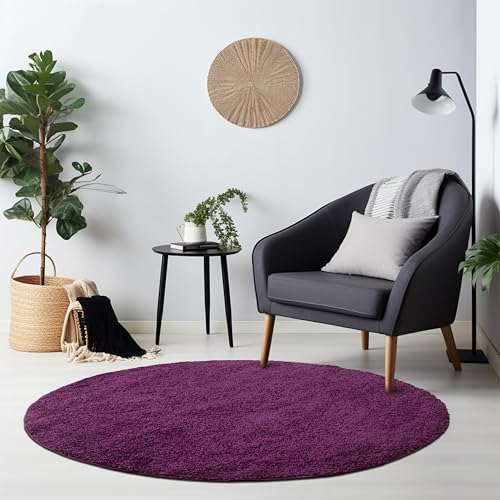 HomebyHome Teppich Wohnzimmer Shaggy Hochflor Lila 200 cm Rund Einfarbig Design - Flauschiger Teppich Schlafzimmer Moderne Extra Weich Pflegeleicht im 14 Farben - Carpet Living Room von HomebyHome