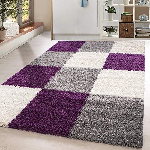 HomebyHome Teppich Wohnzimmer Shaggy Hochflor Lila Läufer 80x150 cm Kariert Läufer Flur - Flauschiger Teppich Schlafzimmer Moderne Extra Weich Pflegeleicht im 14 Farben - Carpet Living Room von HomebyHome