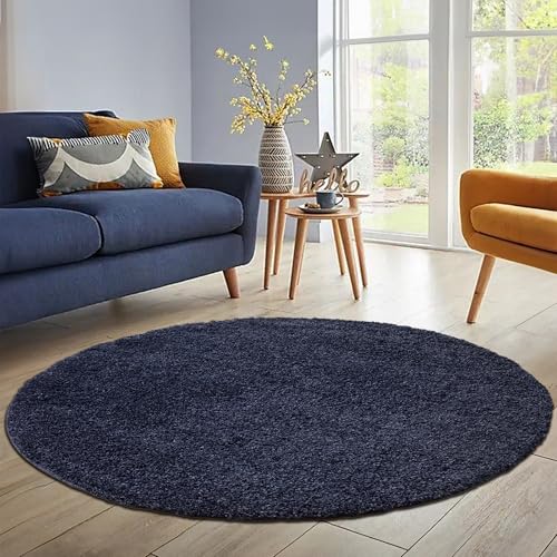 HomebyHome Teppich Rund Hochflor 160 cm Rund - Shaggy Runder Teppich Wohnzimmer Marineblau Extra Weich und Flauschig - Waschbarer Langflor Teppiche für Schlafzimmer, Küche, Flur - Carpet, Halı, Kilim von HomebyHome