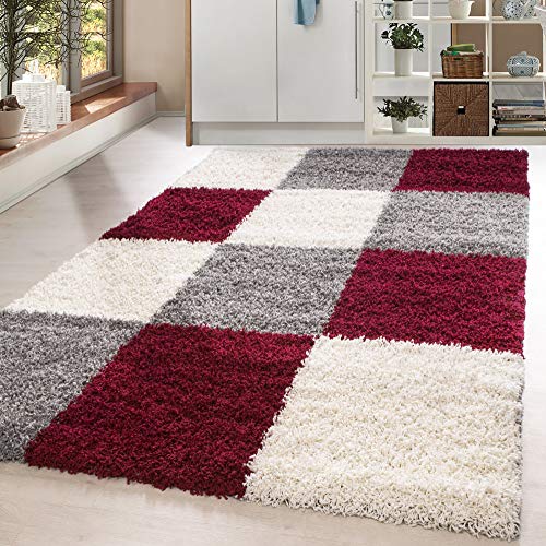 HomebyHome Teppich Wohnzimmer Shaggy Hochflor Rot Läufer 60x110 cm Kariert Läufer Flur - Flauschiger Teppich Schlafzimmer Moderne Extra Weich Pflegeleicht im 14 Farben - Carpet Living Room von HomebyHome