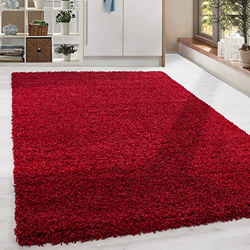 HomebyHome Teppich Wohnzimmer Shaggy Hochflor Rot Rechteckig 140x200 cm Einfarbig Design - Flauschiger Teppich Schlafzimmer Moderne Extra Weich Pflegeleicht im 21 Farben - Carpet Living Room von HomebyHome