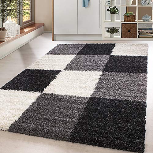 HomebyHome Teppich Wohnzimmer Shaggy Hochflor Schwarz Läufer 80x150 cm Kariert Läufer Flur - Flauschiger Teppich Schlafzimmer Moderne Extra Weich Pflegeleicht im 14 Farben - Carpet Living Room von HomebyHome