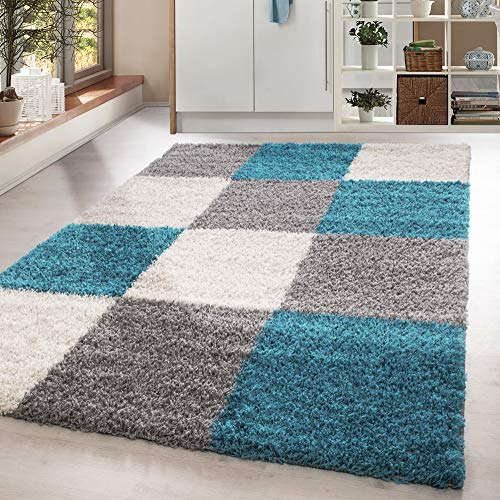 HomebyHome Teppich Wohnzimmer Shaggy Hochflor Türkis Läufer 60x110 cm Kariert Läufer Flur - Flauschiger Teppich Schlafzimmer Moderne Extra Weich Pflegeleicht im 14 Farben - Carpet Living Room von HomebyHome