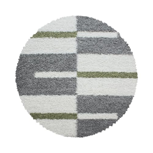 HomebyHome Teppich Wohnzimmer und Schlafzimmer Shaggy Teppich Kariert Moderne Design Grün Grau und Weiss 200 cm Rund - Hochflor Teppich Wohnzimmer Extra Weich Pflegeleicht - Carpet Living Room von HomebyHome