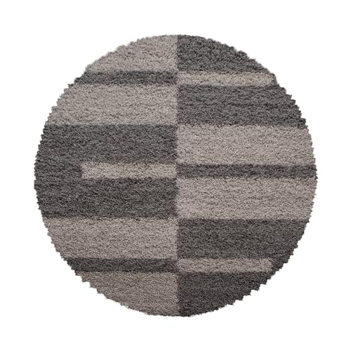 HomebyHome Teppich Wohnzimmer und Schlafzimmer Shaggy Teppich Kariert Moderne Design Taupe und Beige 200 cm Rund - Hochflor Teppich Wohnzimmer Extra Weich Pflegeleicht - Carpet Living Room von HomebyHome