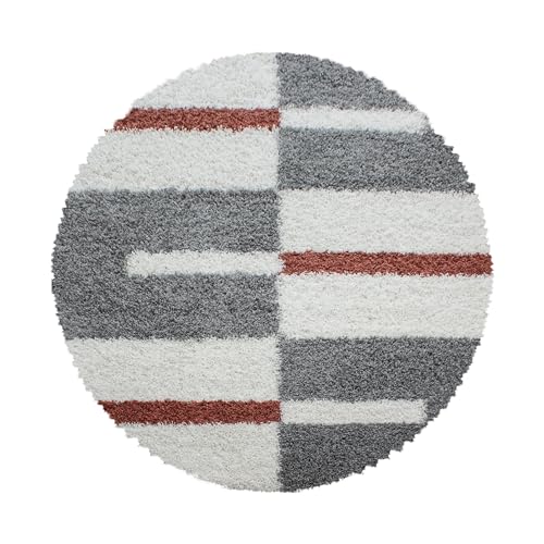 HomebyHome Teppich Rund Shaggy 200 cm Rund - Hochflor Runder Teppich Terrakotta, Grau und Weiss Extra Weich und Flauschig - Bettvorleger Teppich für Wohnzimmer, Schlafzimmer, Küche, Flur - Carpet von HomebyHome