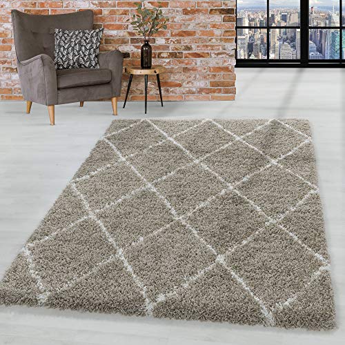 HomebyHome Teppich Wohnzimmer und Schlafzimmer Shaggy Teppich Skandinavisch Raute Design Beige und Weiss 120x170 cm - Hochflor Teppich Wohnzimmer Extra Weich Pflegeleicht - Carpet Living Room von HomebyHome