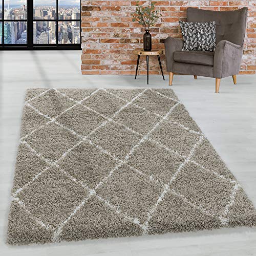 HomebyHome Teppich Wohnzimmer und Schlafzimmer Shaggy Teppich Skandinavisch Raute Design Beige und Weiss 80 cm Rund - Hochflor Teppich Wohnzimmer Extra Weich Pflegeleicht - Carpet Living Room von HomebyHome