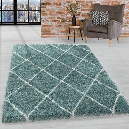 HomebyHome Teppich Wohnzimmer und Schlafzimmer Shaggy Teppich Skandinavisch Raute Design Blau und Weiss 140x200 cm - Hochflor Teppich Wohnzimmer Extra Weich Pflegeleicht - Carpet Living Room von HomebyHome