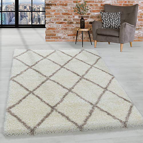 HomebyHome Shaggy Teppich Wohnzimmer 120 x 170 cm - Hochflor Teppich Skandi Rauten Creme Extra Weich und Flauschig - Bettvorleger Teppich für Schlafzimmer, Küchenläufer - Carpet, Halı, Kilim von HomebyHome