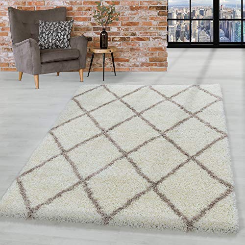 HomebyHome Teppich Wohnzimmer und Schlafzimmer Shaggy Teppich Skandinavisch Raute Design Creme und Braun 120x170 cm - Hochflor Teppich Wohnzimmer Extra Weich Pflegeleicht - Carpet Living Room von HomebyHome