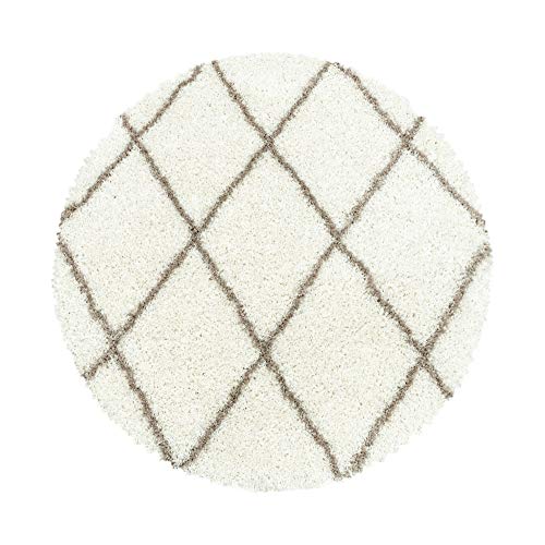 HomebyHome Runder Teppich Wohnzimmer und Schlafzimmer Shaggy Teppich Skandinavisch Raute Design Creme und Braun 160 cm Rund - Hochflor Teppich Wohnzimmer Extra Weich Pflegeleicht von HomebyHome