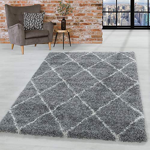 HomebyHome Teppich Wohnzimmer und Schlafzimmer Shaggy Teppich Skandinavisch Raute Design Grau und Weiss 140x200 cm - Hochflor Teppich Wohnzimmer Extra Weich Pflegeleicht - Carpet Living Room von HomebyHome