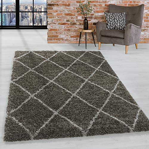 HomebyHome Teppich Wohnzimmer und Schlafzimmer Shaggy Teppich Skandinavisch Raute Design Taupe und Beige 120 cm Rund - Hochflor Teppich Wohnzimmer Extra Weich Pflegeleicht - Carpet Living Room von HomebyHome