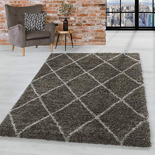 HomebyHome Teppich Wohnzimmer und Schlafzimmer Shaggy Teppich Skandinavisch Raute Design Taupe und Beige 120x170 cm - Hochflor Teppich Wohnzimmer Extra Weich Pflegeleicht - Carpet Living Room von HomebyHome