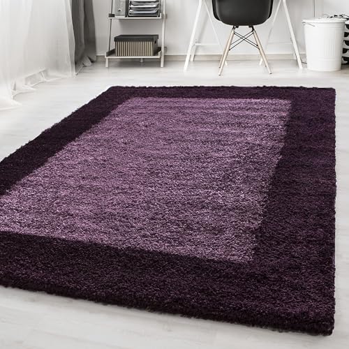 HomebyHome Teppich Wohnzinmer Shaggy Hochflor Lila Rechteckig 120x170 cm Bordüre Design - Flauschiger Teppich Schlafzinmer Moderne Extra Weich Pflegeleicht in 6 Farben - Carpet Living Room von HomebyHome