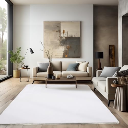 HomebyHome Teppich Wohnzimmer 140 x 200 cm Weiß Waschbarer Hochflor Teppich Flauschiger Teppiche Einfarbig Moderne Design - Küchenteppich Shaggy Extra Weich Teppich für Schlafzimmer Esszimmer von HomebyHome