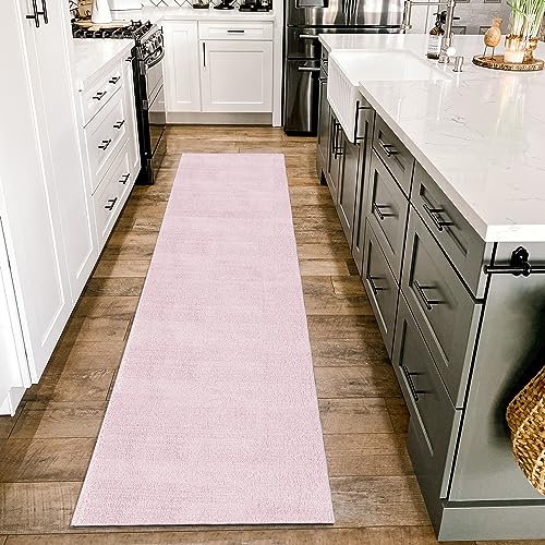 Homebyhome Teppich Wohnzimmer 80x250 cm Läufer Flur Rosa Waschbarer Teppiche Einfarbig Moderne Design - Küchenteppich Waschbar Rutschfest Extra Weich Flauschiger Teppiche für Kinderzimmer Küchenläufer von HomebyHome