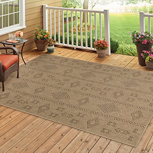 HomebyHome Outdoor Teppich Wetterfest 160x230 cm Natur Sisal und Jute Optik - Balkon Teppich Wasserfest Vintage Design Pflegeleicht - Waschbarer Teppich Küche, Garten, Terrasse und Camping von HomebyHome