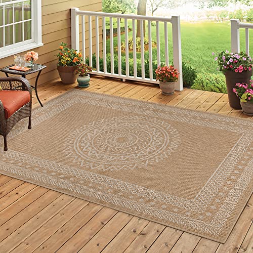 HomebyHome Waschbarer Balkon Teppich Wasserfest 240x340 cm Beige In & Outdoor Teppich Wetterfest Sisal und Jute Optik Teppich Küche, Rechteckig Vintage Design Camping Garten Terasse Outdoorteppich von HomebyHome