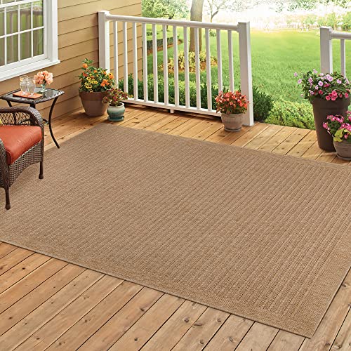 HomebyHome Waschbarer Balkon Teppich Wasserfest 280x370 cm Beige In & Outdoor Teppich Wetterfest Sisal und Jute Optik Teppich Küche, Rechteckig Bordüre Design Camping Garten Terasse Outdoorteppich von HomebyHome