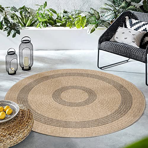 HomebyHome Waschbarer Balkon Teppich Wasserfest Rund 200 cm Schwarz In & Outdoor Teppich Wetterfest Sisal und Jute Optik Teppich Küche, Rund Bordüre Design Camping Garten Terasse Outdoorteppich von HomebyHome