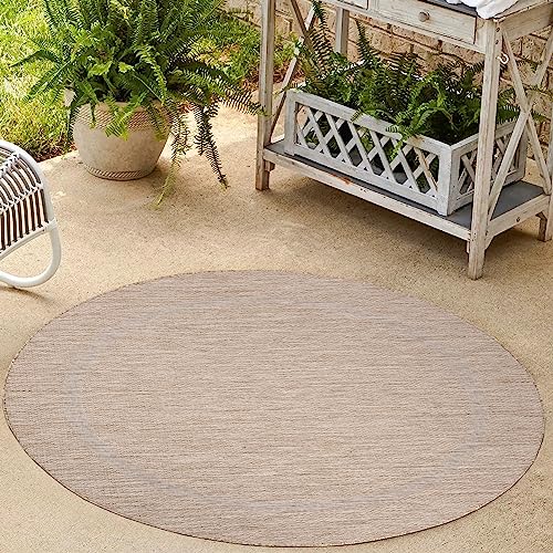 HomebyHome Waschbarer In & Outdoor Teppich Wetterfest 120 cm Rund Beige - Balkon Teppich Wasserfest - Teppich Küche 120 cm Rund Bordüre Design Camping Garten Terasse von HomebyHome