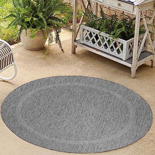 HomebyHome Waschbarer In & Outdoor Teppich Wetterfest 120 cm Rund Grau - Balkon Teppich Wasserfest - Teppich Küche 120 cm Rund Bordüre Design Camping Garten Terasse von HomebyHome