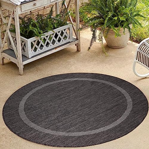 HomebyHome Küchenteppich Waschbar rutschfest Runder Teppich Schwarz 120 cm Rund - In & Outdoor Teppich Wetterfest Sisal Optik Balkon Teppich Wasserfest - Outdoor Teppich Küche Camping Garten Terasse von HomebyHome