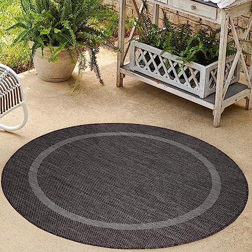 HomebyHome Waschbarer In & Outdoor Teppich Wetterfest 120 cm Rund Schwarz - Balkon Teppich Wasserfest - Teppich Küche 120 cm Rund Bordüre Design Camping Garten Terasse von HomebyHome