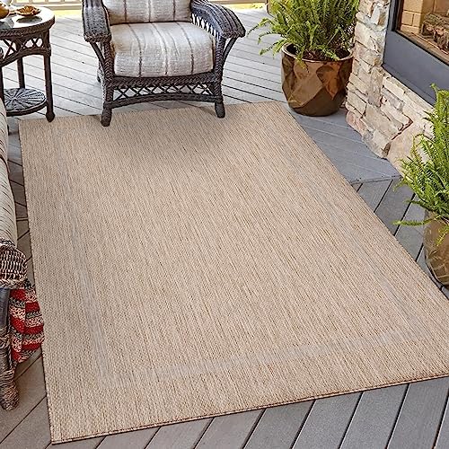 HomebyHome Waschbarer In & Outdoor Teppich Wetterfest 120x170 cm Sisal Optik Beige - Balkon Teppich Wasserfest - Teppich Küche 120x170 cm Bordüre Design Camping Garten Terasse von HomebyHome