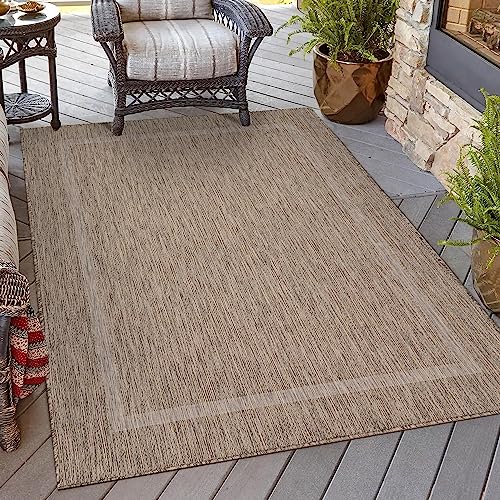 HomebyHome Waschbarer In & Outdoor Teppich Wetterfest 120x170 cm Braun - Balkon Teppich Wasserfest - Teppich Küche 120x170 cm Bordüre Design Camping Garten Terasse von HomebyHome