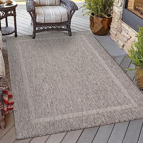 HomebyHome Waschbarer In & Outdoor Teppich Wetterfest 120x170 cm Grau - Balkon Teppich Wasserfest - Teppich Küche 120x170 cm Bordüre Design Camping Garten Terasse von HomebyHome