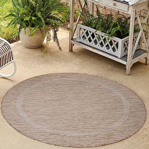 HomebyHome Waschbarer In & Outdoor Teppich Wetterfest 160 cm Rund Braun - Balkon Teppich Wasserfest - Teppich Küche 160 cm Rund Bordüre Design Camping Garten Terasse von HomebyHome