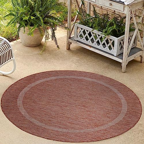 HomebyHome Waschbarer In & Outdoor Teppich Wetterfest 160 cm Rund Rot - Balkon Teppich Wasserfest - Teppich Küche 160 cm Rund Bordüre Design Camping Garten Terasse von HomebyHome