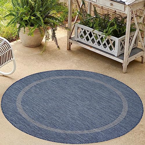 HomebyHome Waschbarer In & Outdoor Teppich Wetterfest 200 cm Rund Blau - Balkon Teppich Wasserfest - Teppich Küche 200 cm Rund Bordüre Design Camping Garten Terasse von HomebyHome