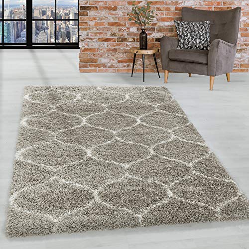 HomebyHome Teppich Wohnzimmer Modernem Kachelmuster Shaggy Beige 120x170 cm - Hochflor Teppich Schlafzimmer Skandinavisches Design Extra Weich - Langflor Teppich Flauschig Waschbarer Teppich Küche von HomebyHome