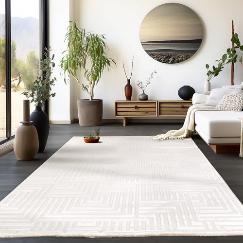 Homebyhome Kurzflor Teppich Läufer Flur Wohnzimmerteppich Creme 3D Teppich Skandinavisches Stil Modern Teppiche 80 x 150 cm - Waschbarer Bettvorleger Schlafzimmer Küchenläufer Geometrisch Design Weich von HomebyHome