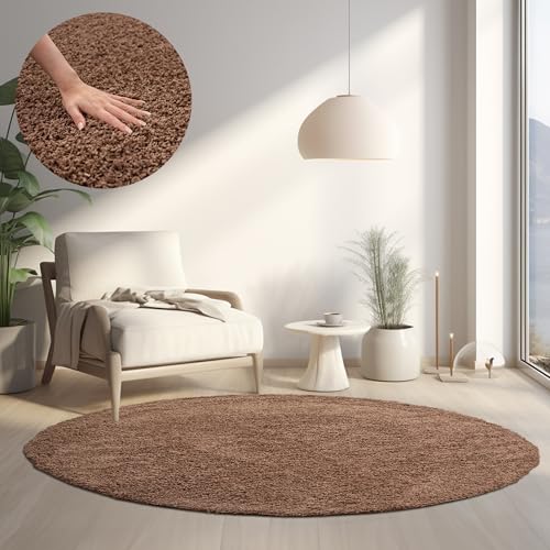 Homebyhome Shaggy Teppich Wohnzimmer Runder Flauschiger Teppich Mocca 80 cm Rund Einfarbig - Hochflor Teppich Schlafzimmer Pflegeleicht und Schmutzabweisend - Modern Langflor Teppich Weich Plüsch Halı von HomebyHome