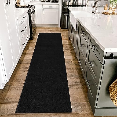 Homebyhome Teppich Wohnzimmer 80x250 cm Läufer Flur Schwarz Waschbarer Teppich Einfarbig Modern Design - Küchenteppich Waschbar Rutschfest Extra Weich Flauschiger Teppich für Kinderzimmer Küchenläufer von HomebyHome