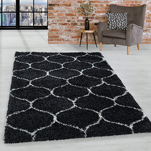 Homebyhome Teppich Wohnzimmer Modernem Kachelmuster Shaggy Anthrazit 80x150 cm Läufer - Hochflor Teppich Schlafzimmer Skandinavisches Design Extra Weich - Langflor Teppich Flauschig Flur Teppich Küche von HomebyHome