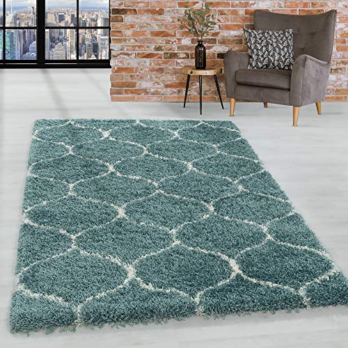 Homebyhome Teppich Wohnzimmer Modernem Kachelmuster Shaggy Blau 200 cm Rund - Hochflor Teppich Schlafzimmer Skandinavisches Design Extra Weich Langflor Teppich Flauschig Runder Teppich Küche Esszimmer von HomebyHome