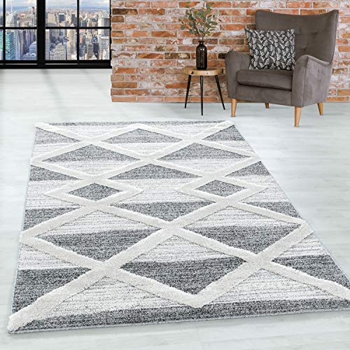 Hochflor Teppich 3D Geometrisch Design 200x290 cm Grau - Für Wohnzimmer, Schlafzimmer, Esszimmer, Küche - Boho Shaggy 20 mm Florhöhe Extra Weich Flauschig Pflegeleicht von HomebyHome