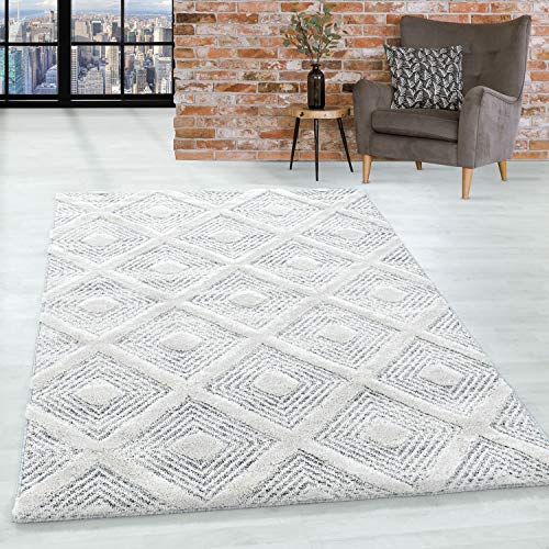 Teppich Wohnzimmer Hochflor Shaggy 3D Kariert Design 120x170 cm Grau - Für Schlafzimmer Esszimmer Küche Boho 20 mm Florhöhe Extra Weich Flauschig Pflegeleicht von HomebyHome