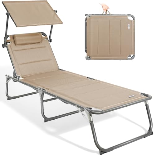 Homecall Sonnenliege mit Dach, Kopfstütze, 5-Fach verstellbare Rückenlehne, Strandliege, Liegestuhl Klappbar, Campingliege, Bis 180 kg für Garten, Outdoor, Balkon, Camping - XXL, Beige von Homecall