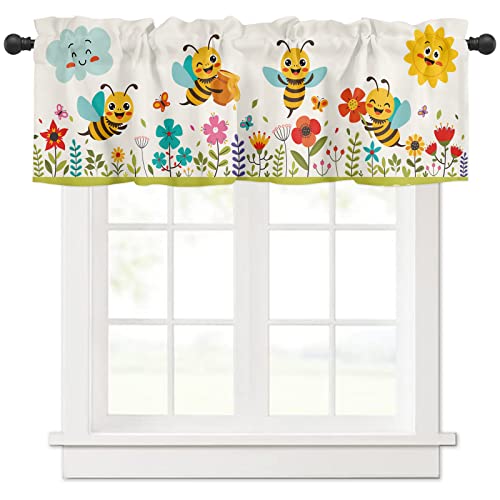 Homechoid Kindertags-Vorhangvolant für Fenster/Wohnzimmer/Küche/Badezimmer/Bauernhaus, Kinder, Cartoon-Sonnenblume, Biene, Blätter, kurze Stangentasche, Stufenvorhang, Fensterbehandlung, 1 Paneel, 137 von Homechoid