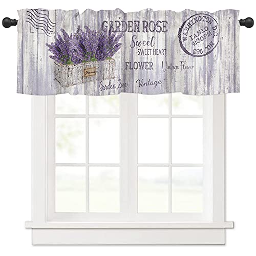 Lila Lavendel Blumen im Blumentopf Vorhang Volant für Fenster/Wohnzimmer/Küche/Badezimmer/Bauernhaus, Vintage-Stempel, Holztextur, kurze Stangentasche, Fensterbehandlung, 1 Paneel, 137 x 45 cm von Homechoid